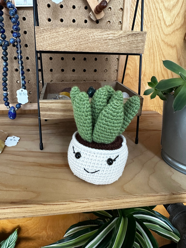 crocheted and plush plants with cute faces